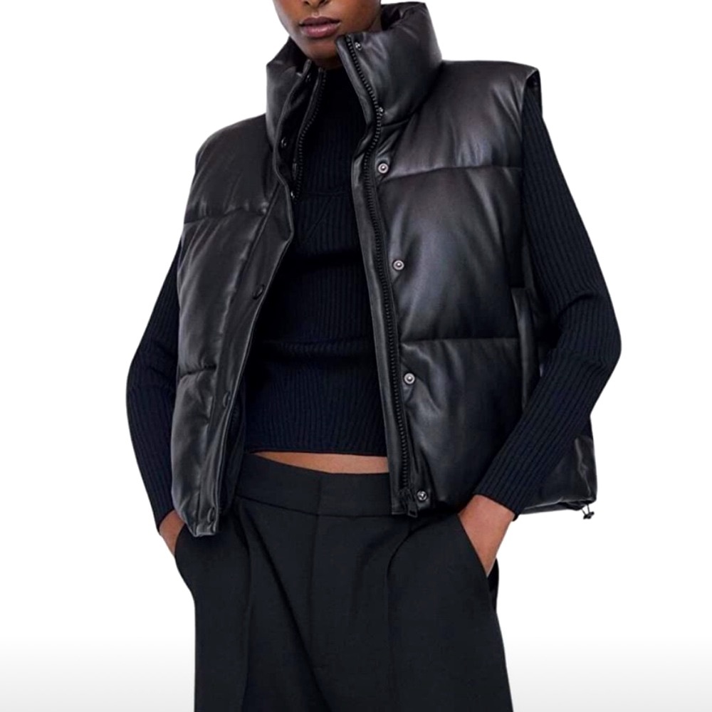 Women’s Faux Leather Black Puffer Vest